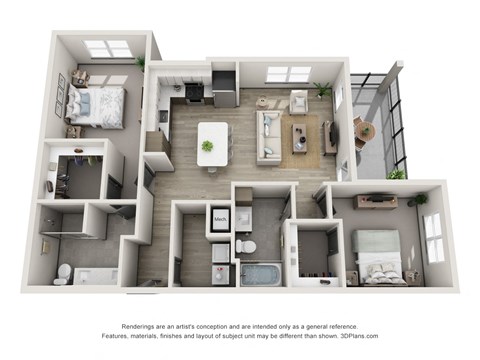 Floor plan for 2 beds, 2 baths, 1137 sqft